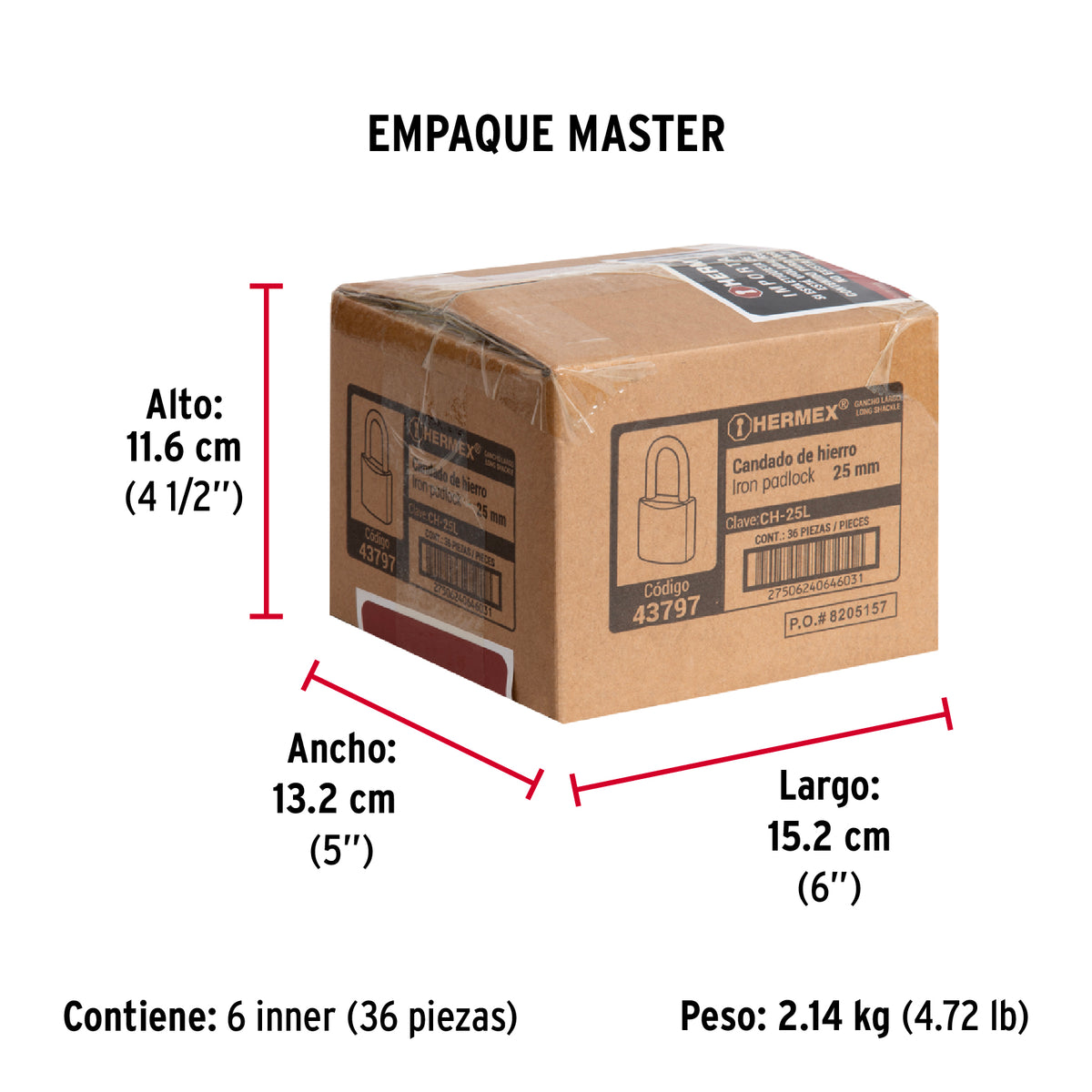 Candado de hierro, 25mm, gancho largo, caja