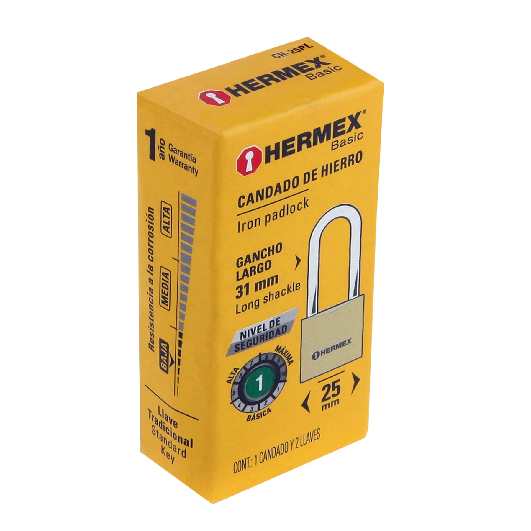 Candado de hierro, 25mm, gancho largo, caja, Hermex Basic