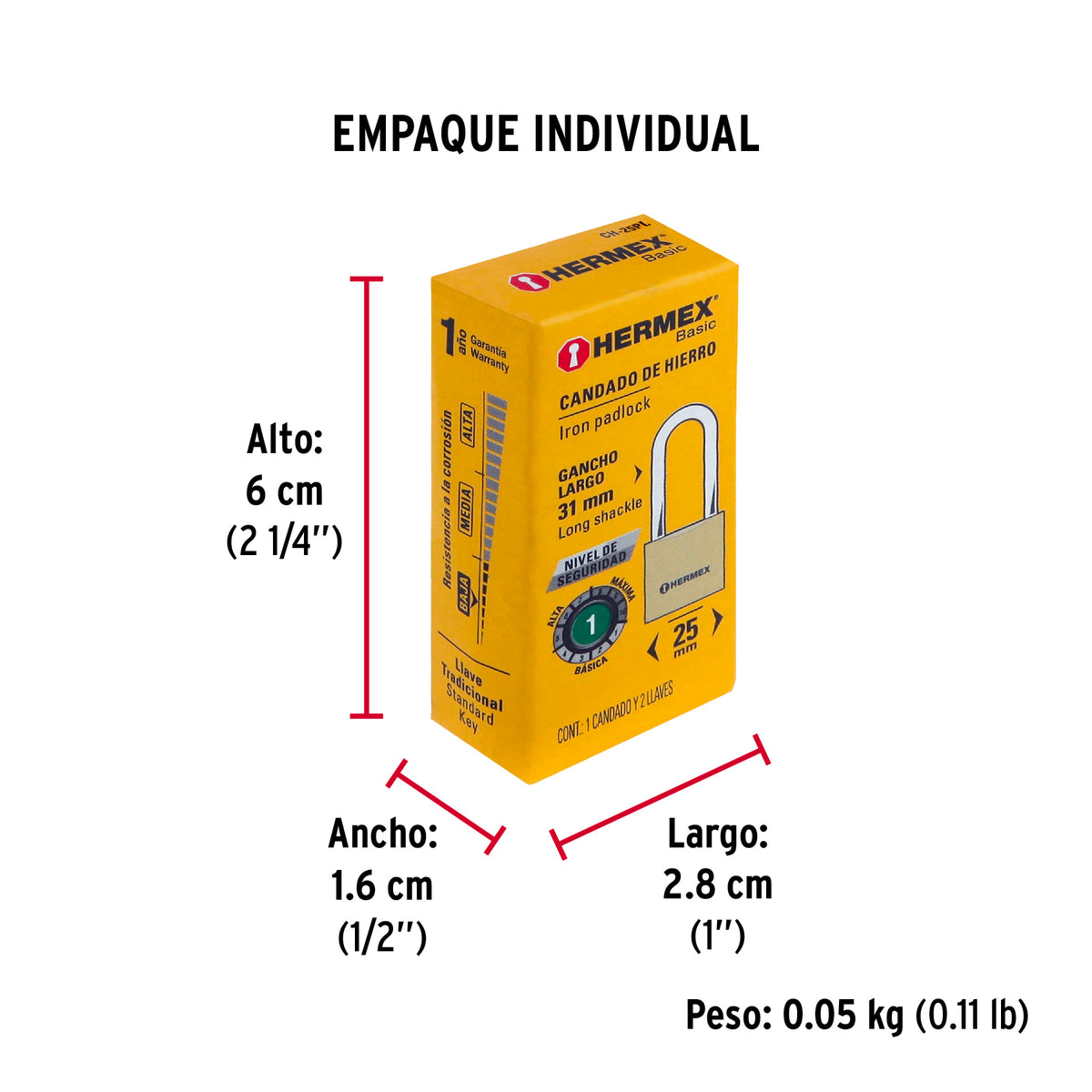 Candado de hierro, 25mm, gancho largo, caja, Hermex Basic