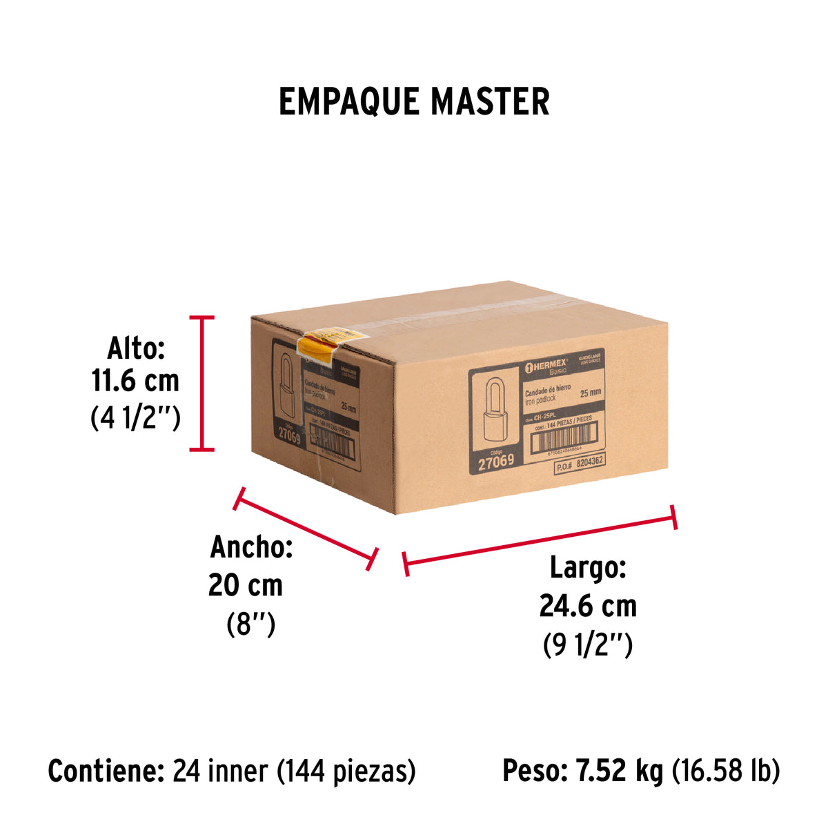 Candado de hierro, 25mm, gancho largo, caja, Hermex Basic