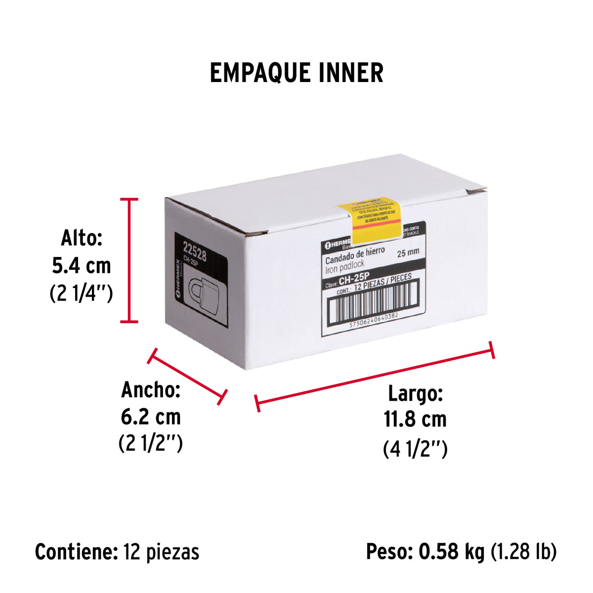 Candado de hierro, 25mm, gancho corto, caja, Hermex Basic