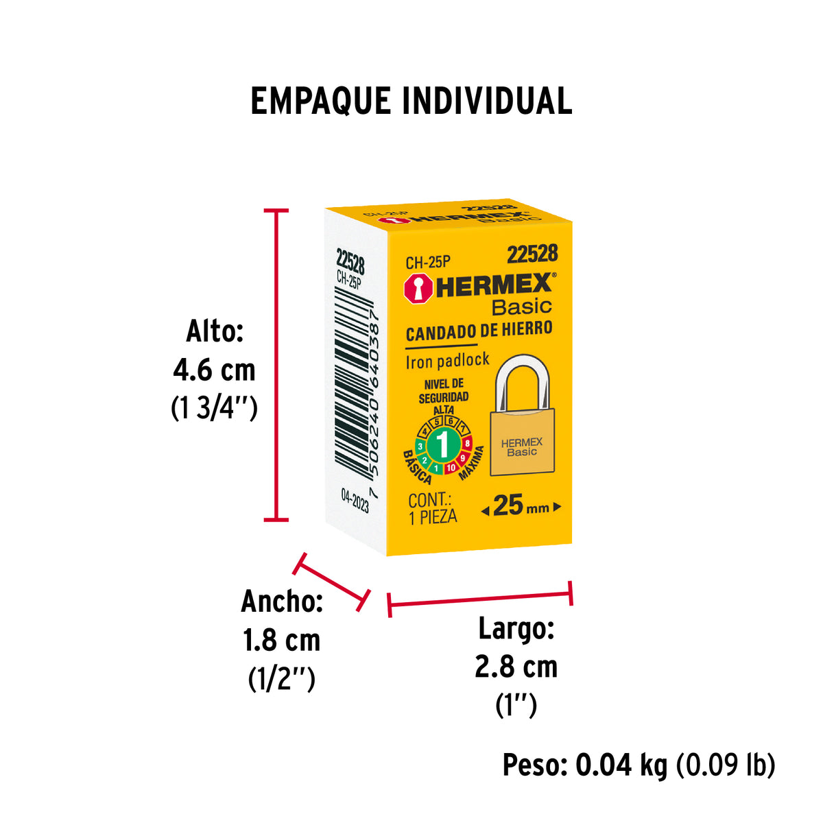 Candado de hierro, 25mm, gancho corto, caja, Hermex Basic
