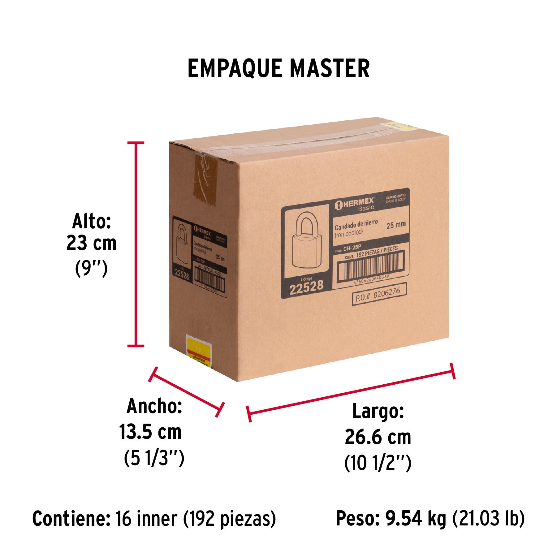 Candado de hierro, 25mm, gancho corto, caja, Hermex Basic