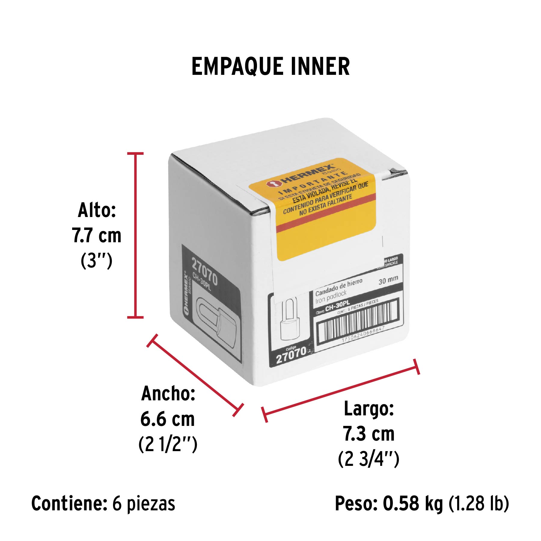 Candado de hierro, 30mm, gancho largo, caja, Hermex Basic