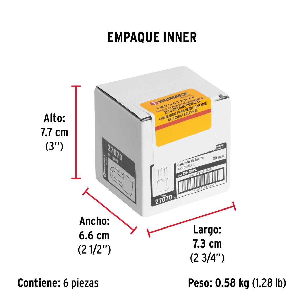 Candado de hierro, 30mm, gancho largo, caja, Hermex Basic