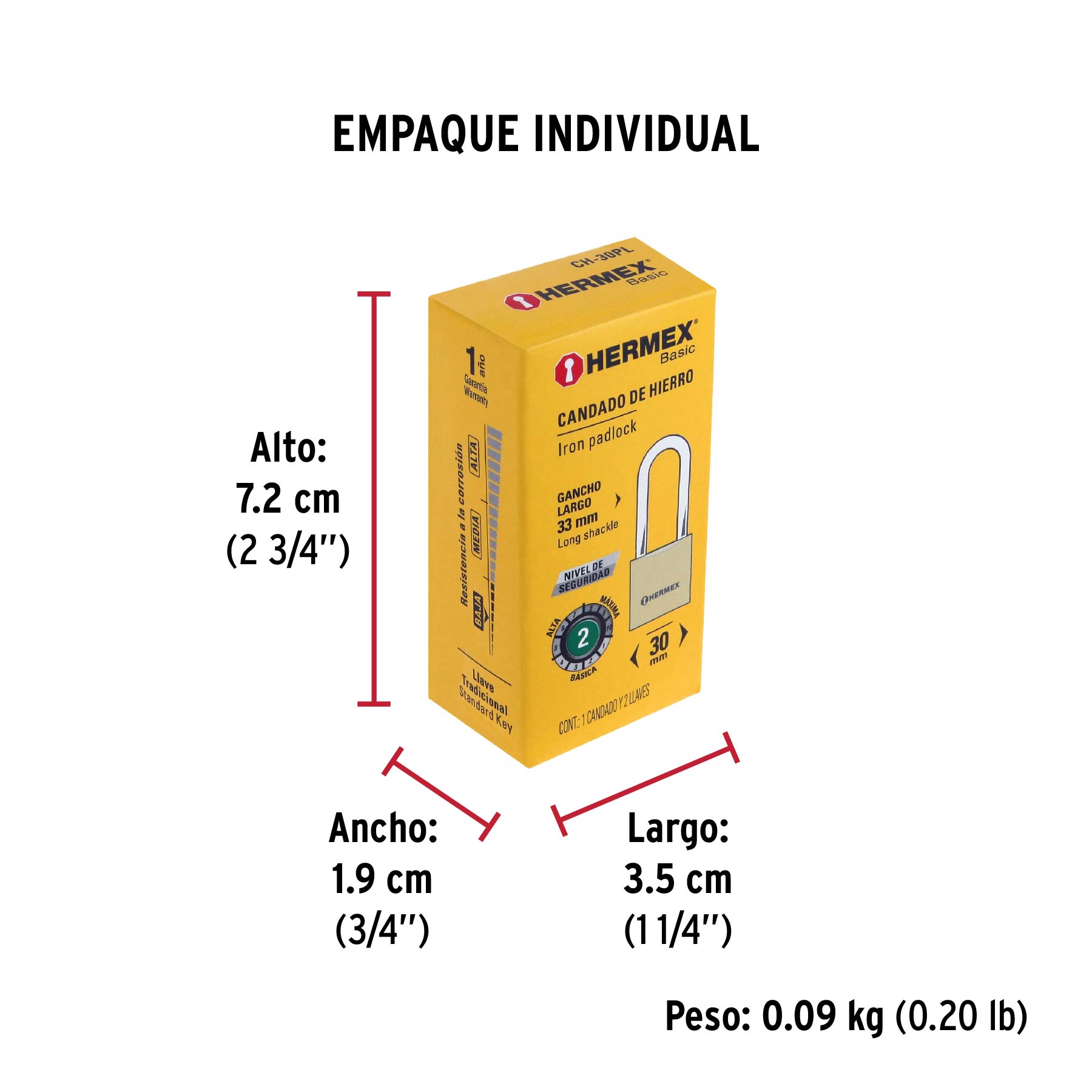 Candado de hierro, 30mm, gancho largo, caja, Hermex Basic
