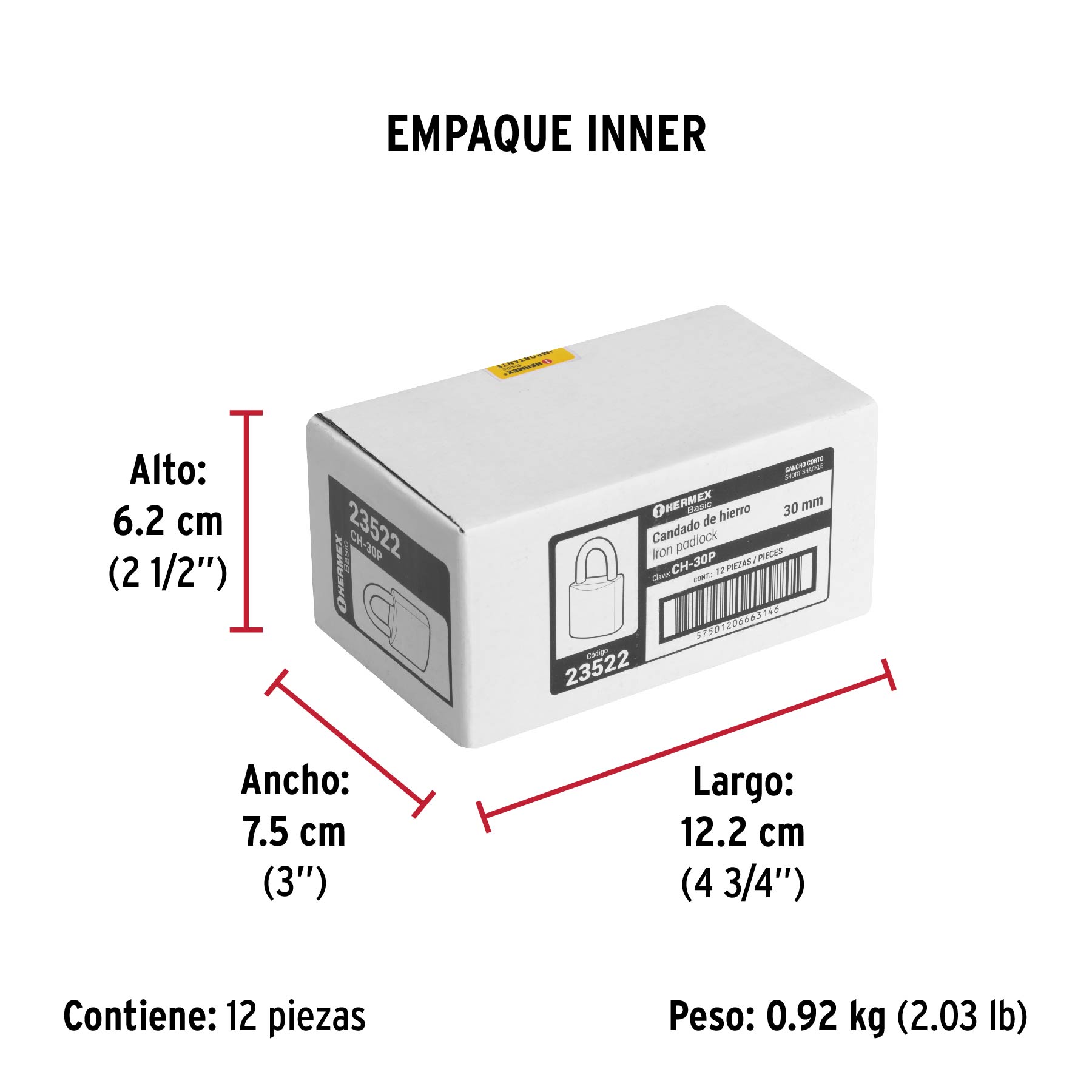 Candado de hierro, 30mm, gancho corto, caja, Hermex Basic
