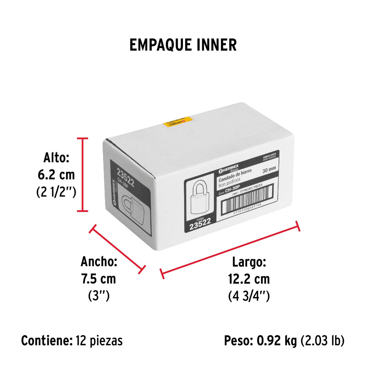 Candado de hierro, 30mm, gancho corto, caja, Hermex Basic