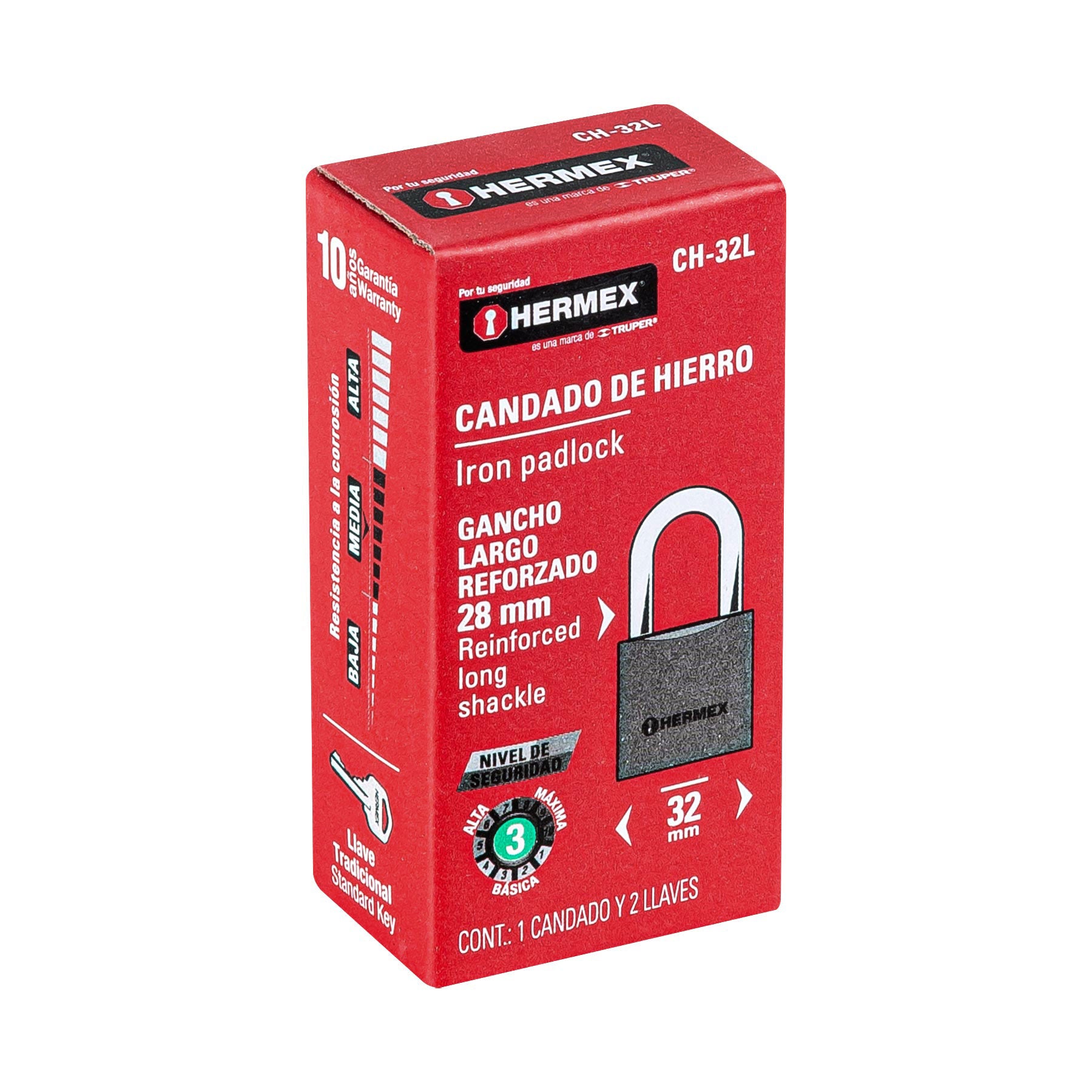 Candado de hierro, 32 mm, gancho largo, caja