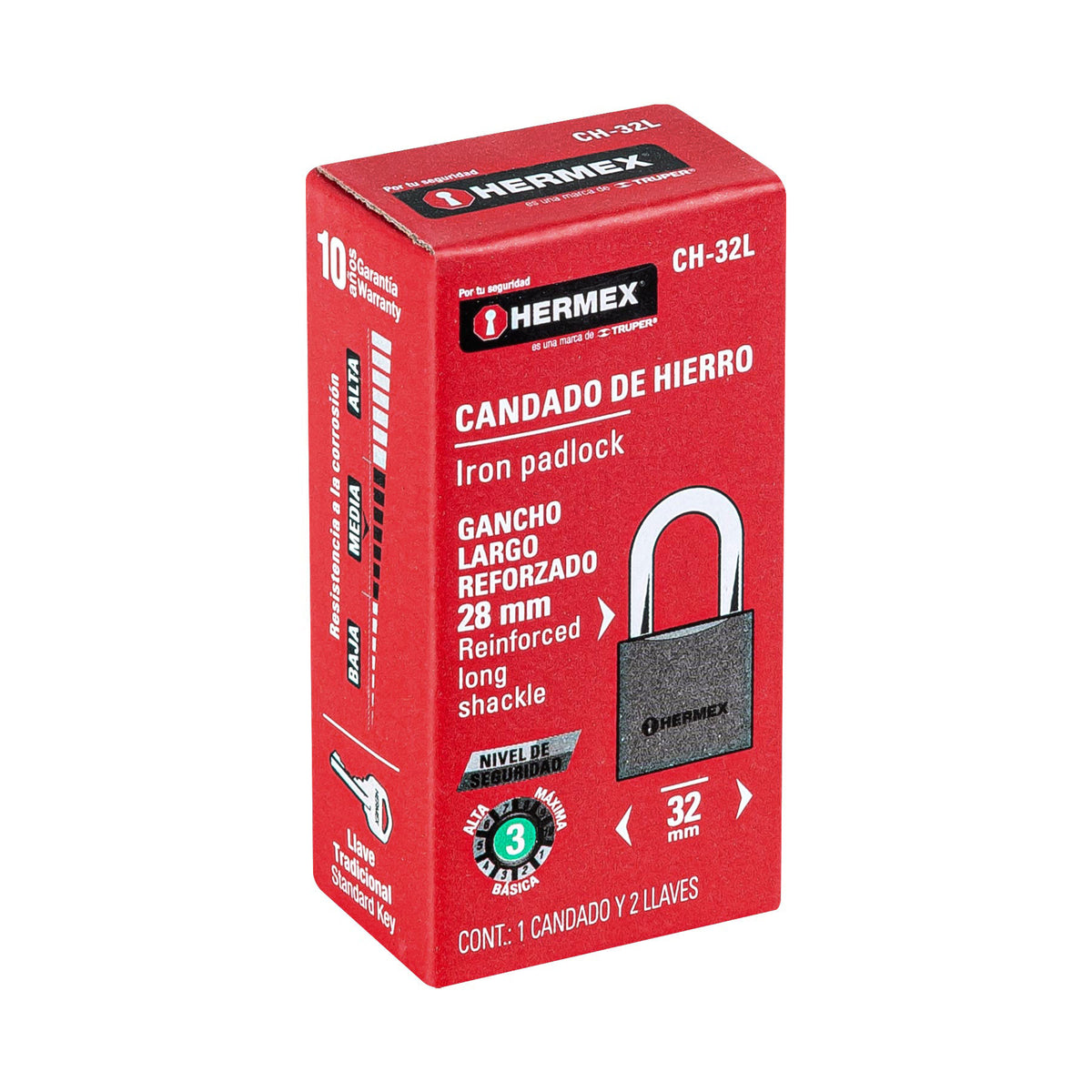 Candado de hierro, 32 mm, gancho largo, caja
