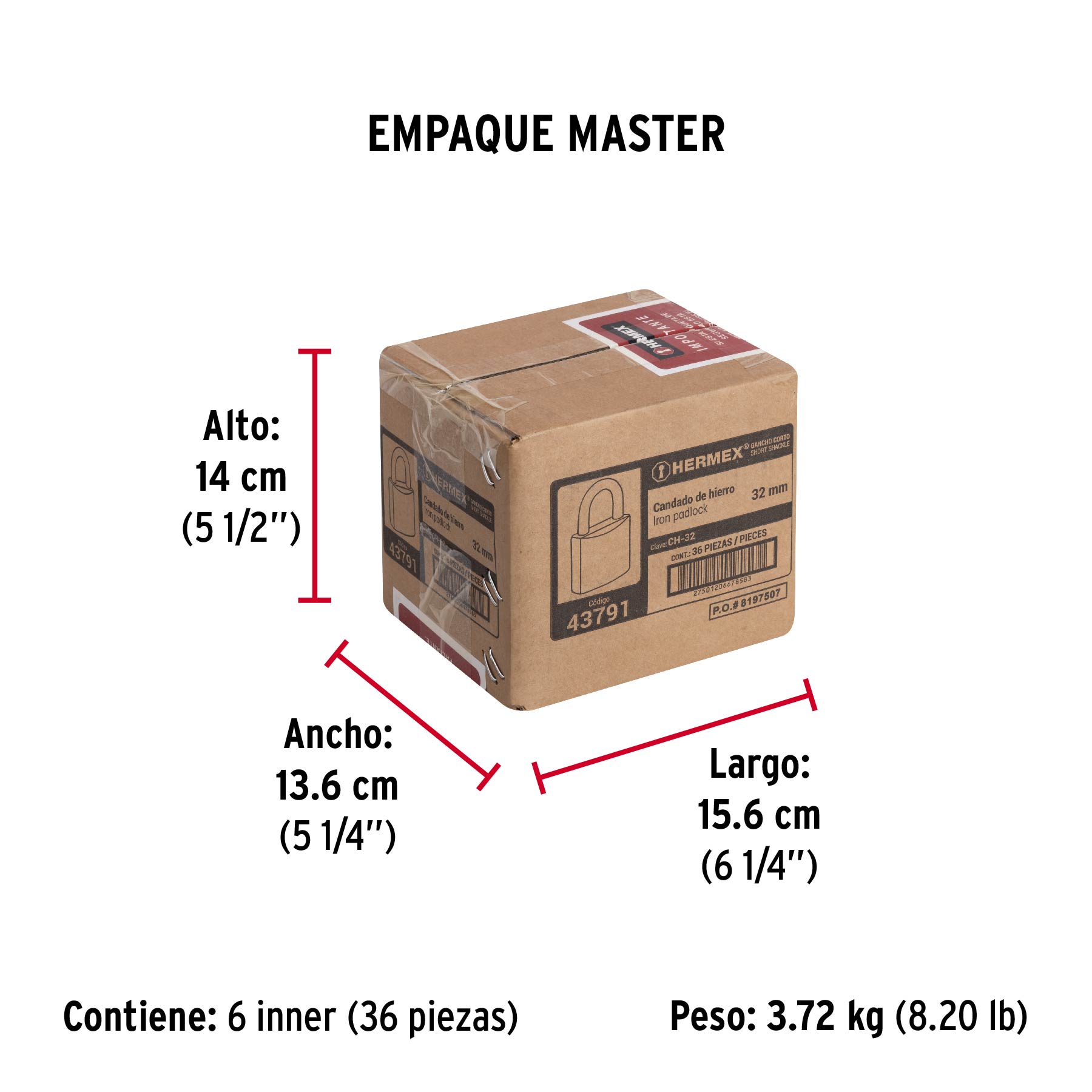 Candado de hierro, 32 mm, gancho corto, caja