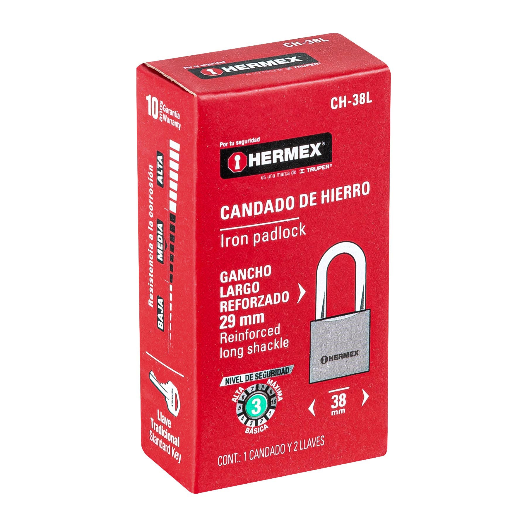 Candado de hierro, 38mm, gancho largo, caja