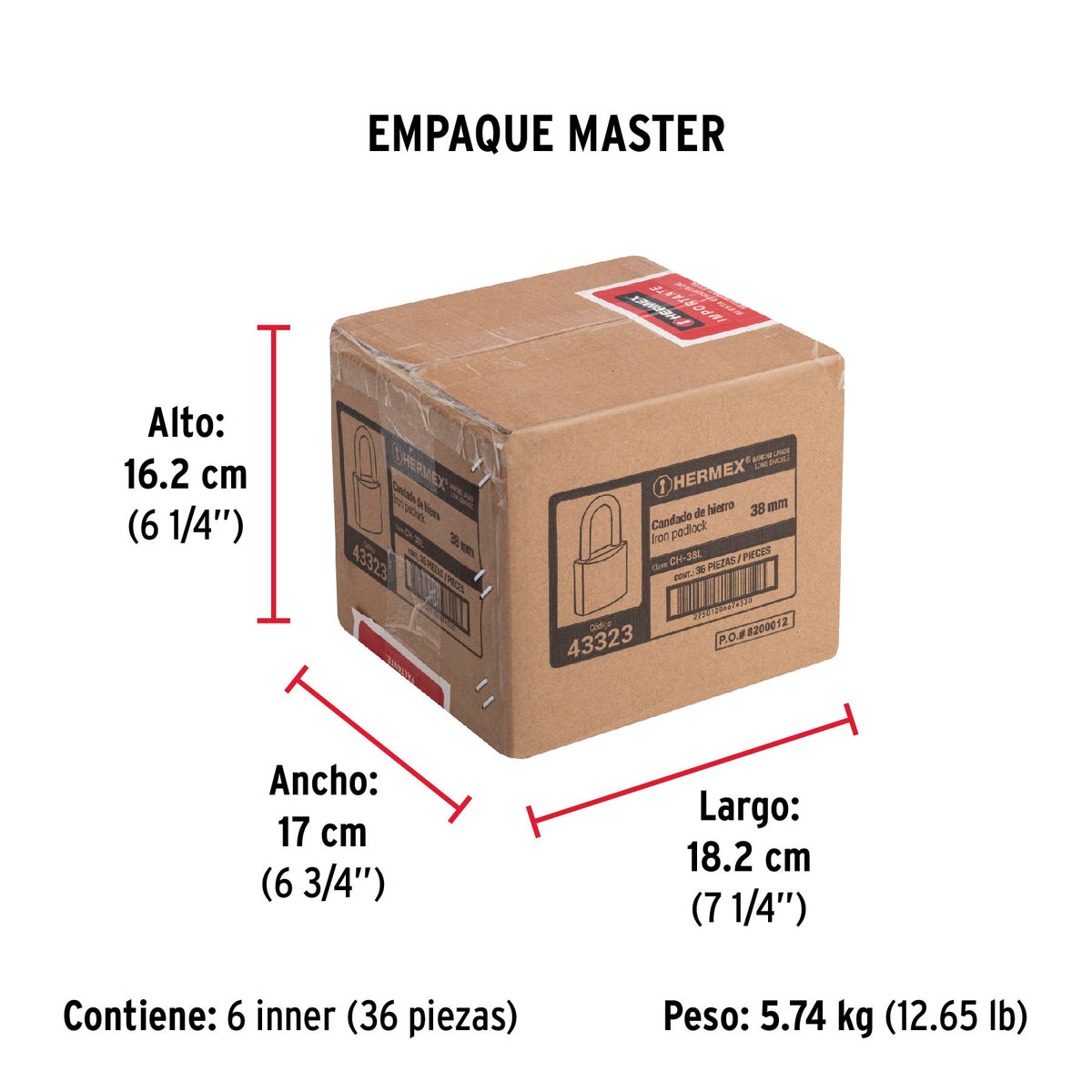 Candado de hierro, 38mm, gancho largo, caja