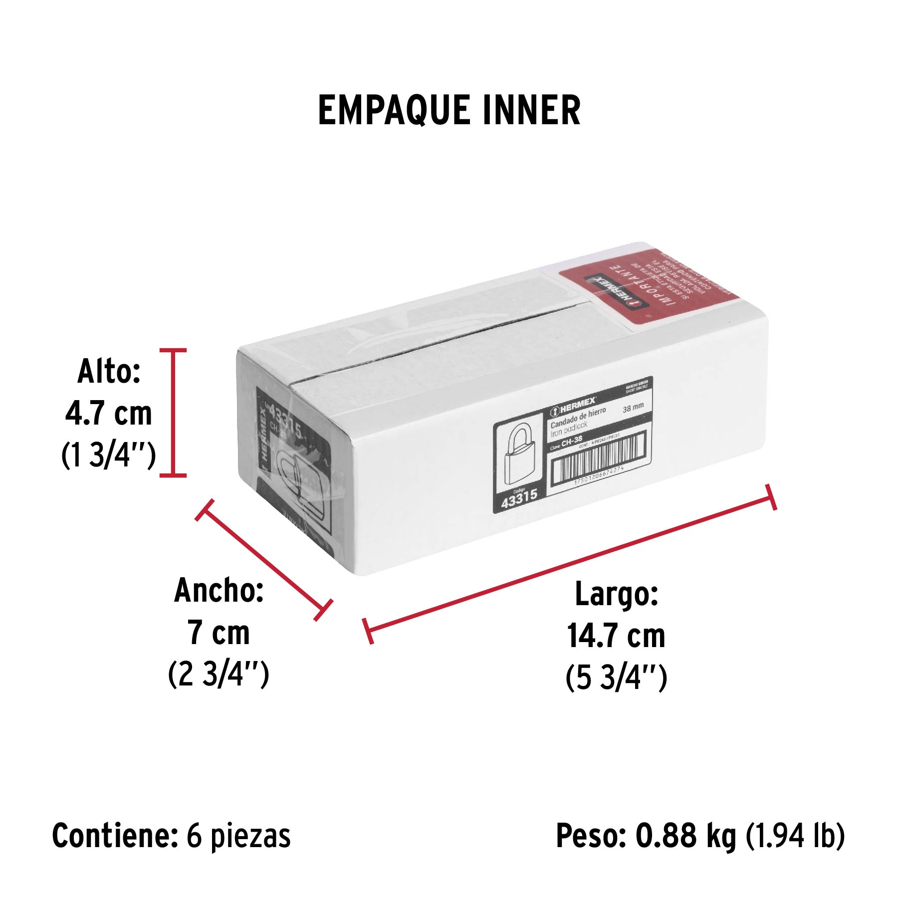 Candado de hierro, 38mm, gancho corto, caja