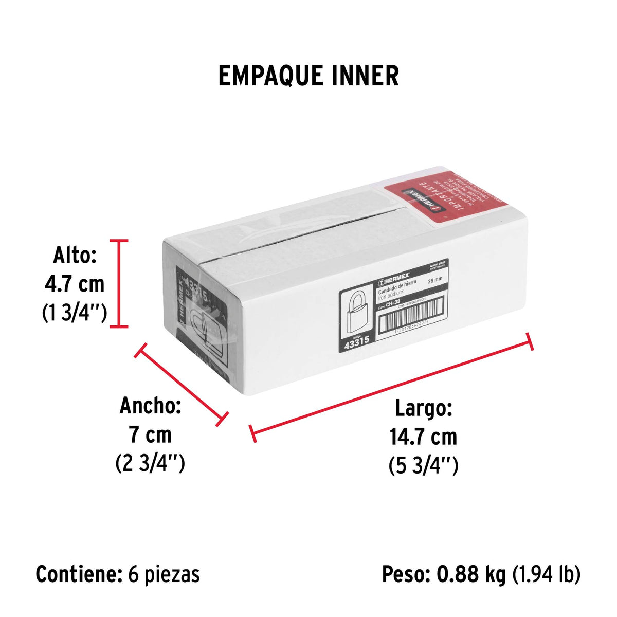 Candado de hierro, 38mm, gancho corto, caja