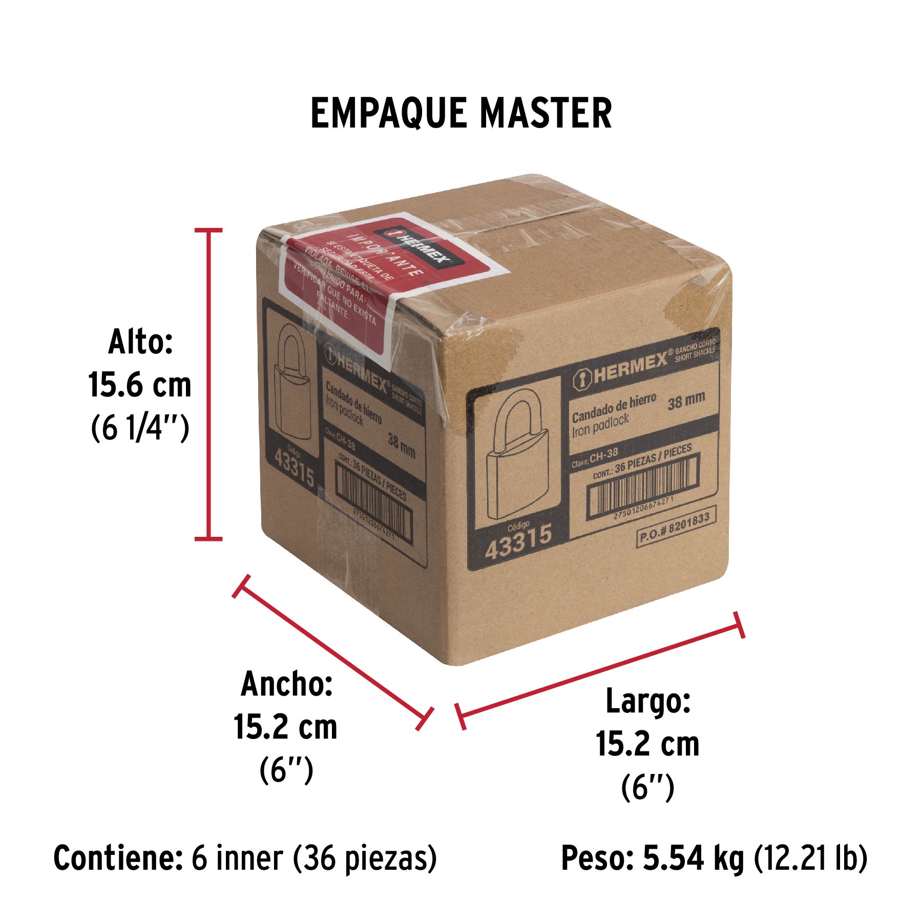 Candado de hierro, 38mm, gancho corto, caja