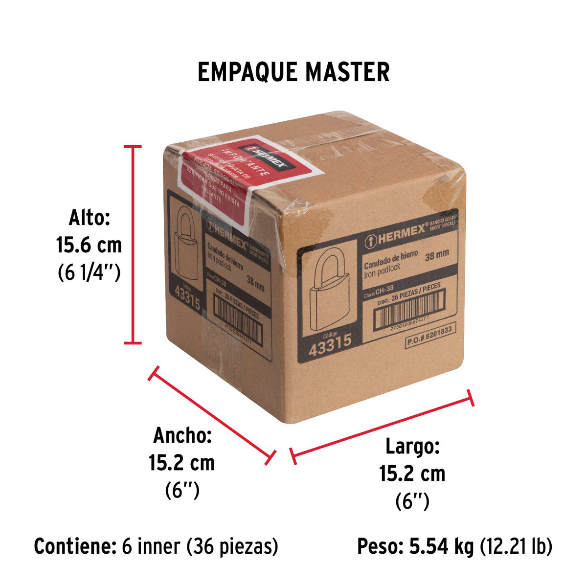 Candado de hierro, 38mm, gancho corto, caja