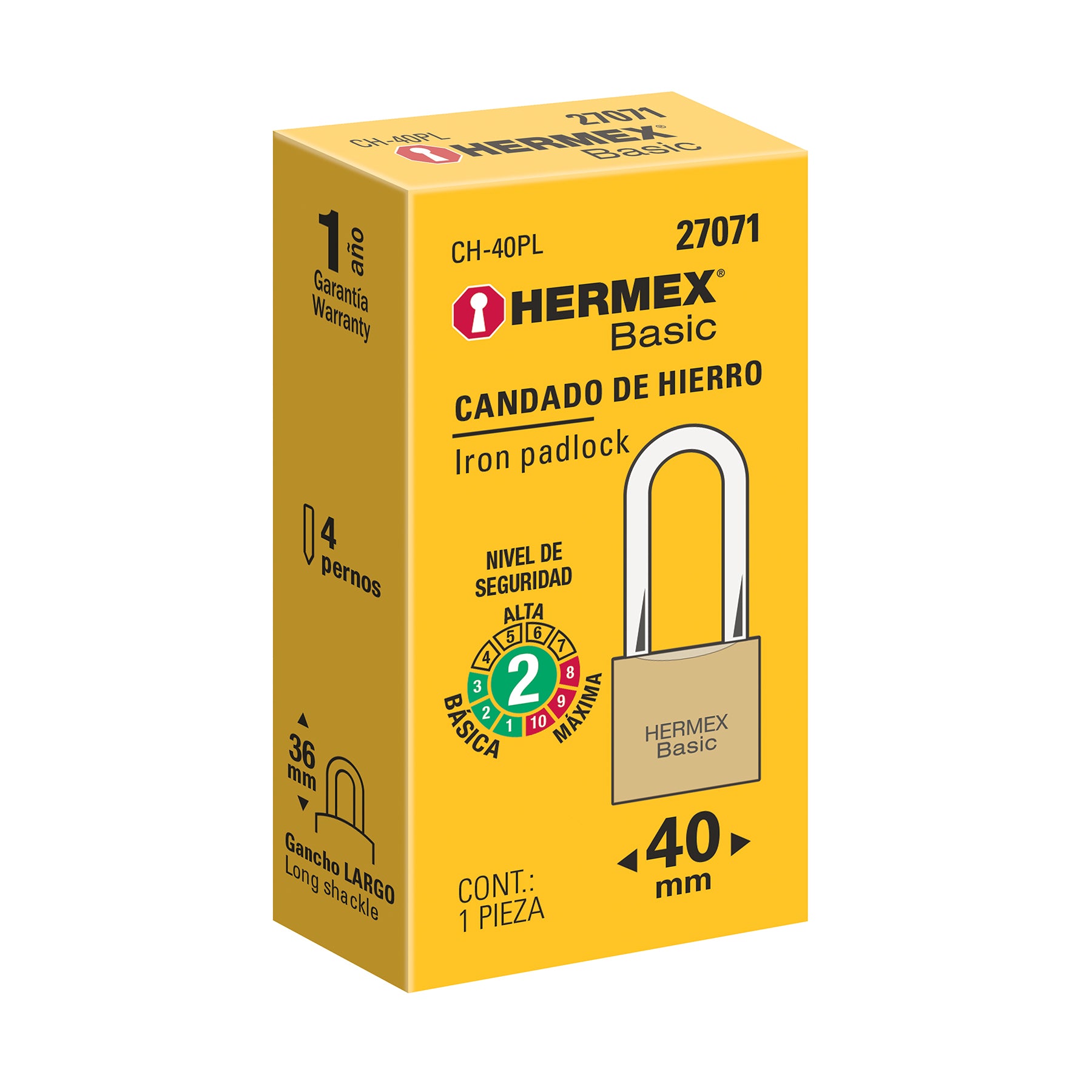 Candado de hierro, 40mm, gancho largo, caja, Hermex Basic
