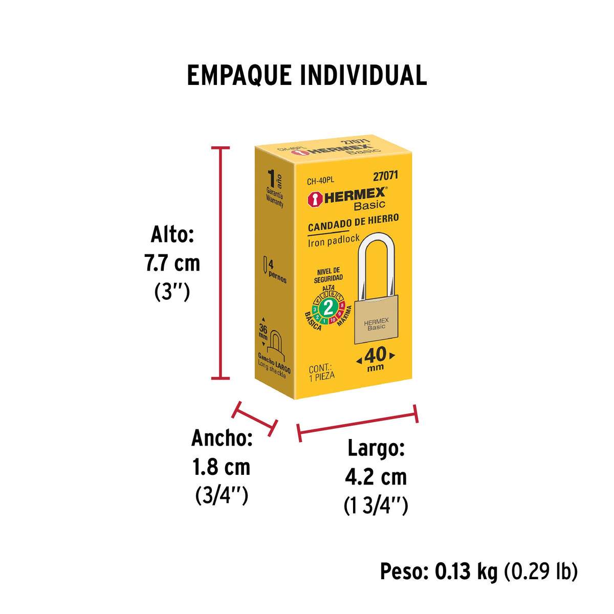 Candado de hierro, 40mm, gancho largo, caja, Hermex Basic