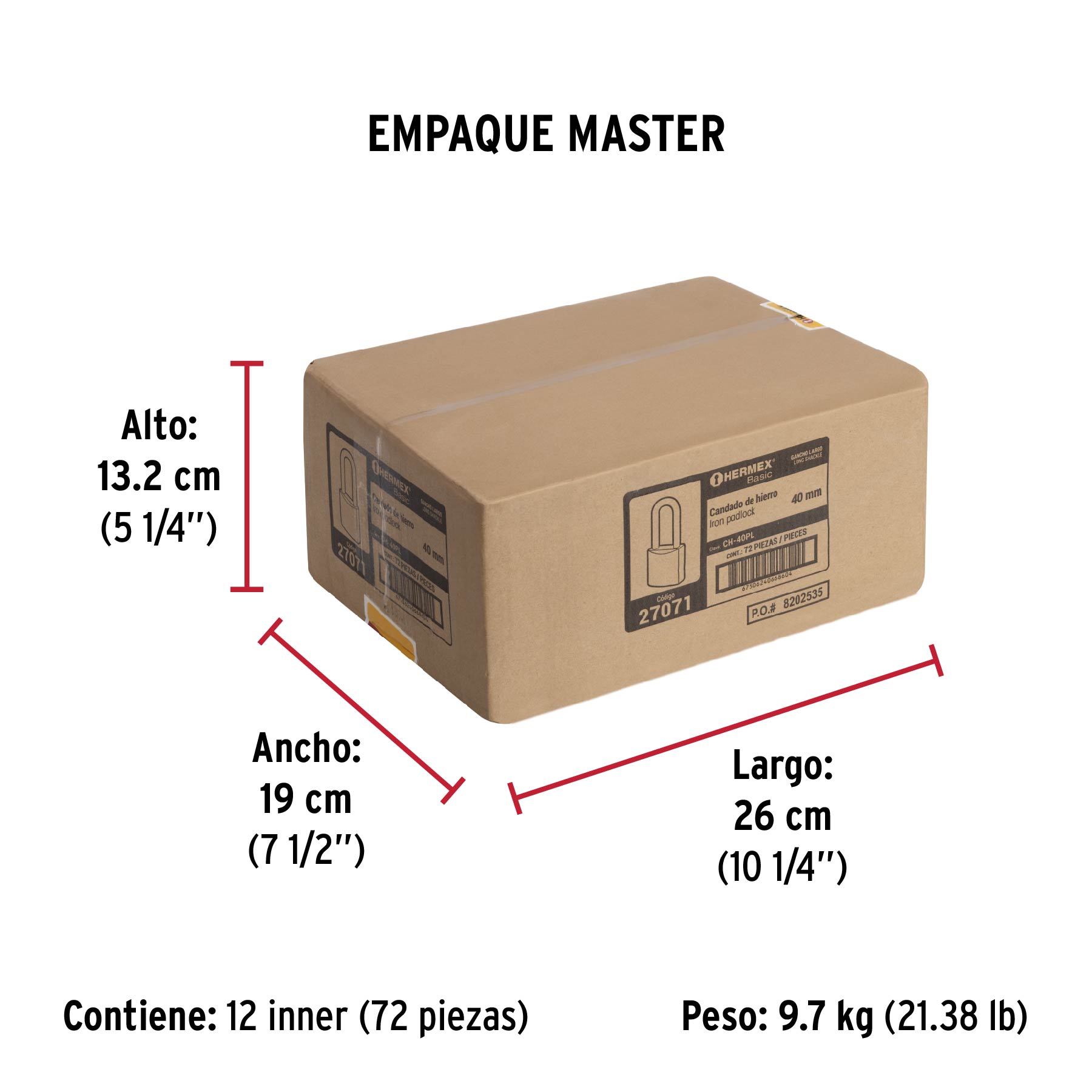 Candado de hierro, 40mm, gancho largo, caja, Hermex Basic