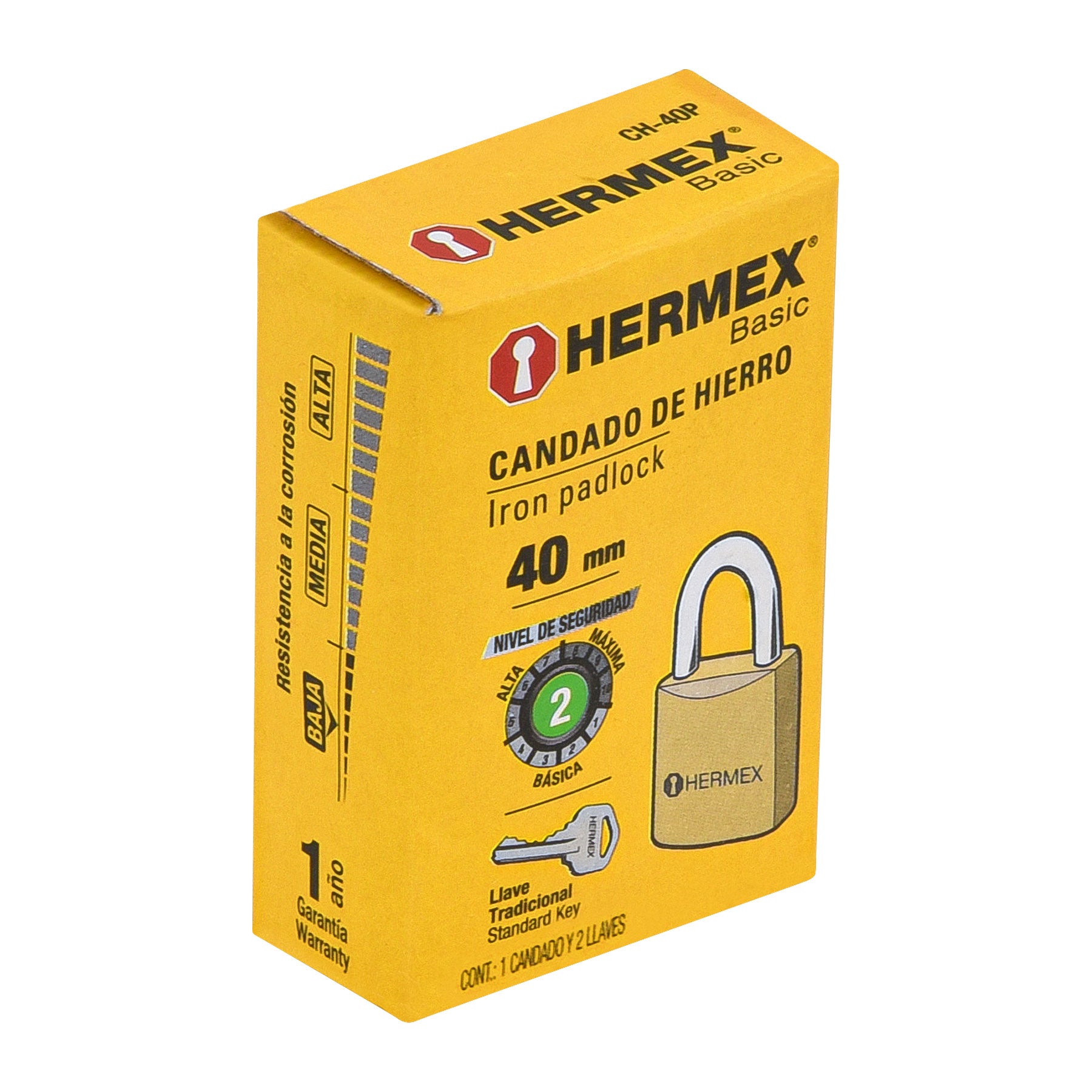 Candado de hierro, 40mm, gancho corto, caja, Hermex Basic