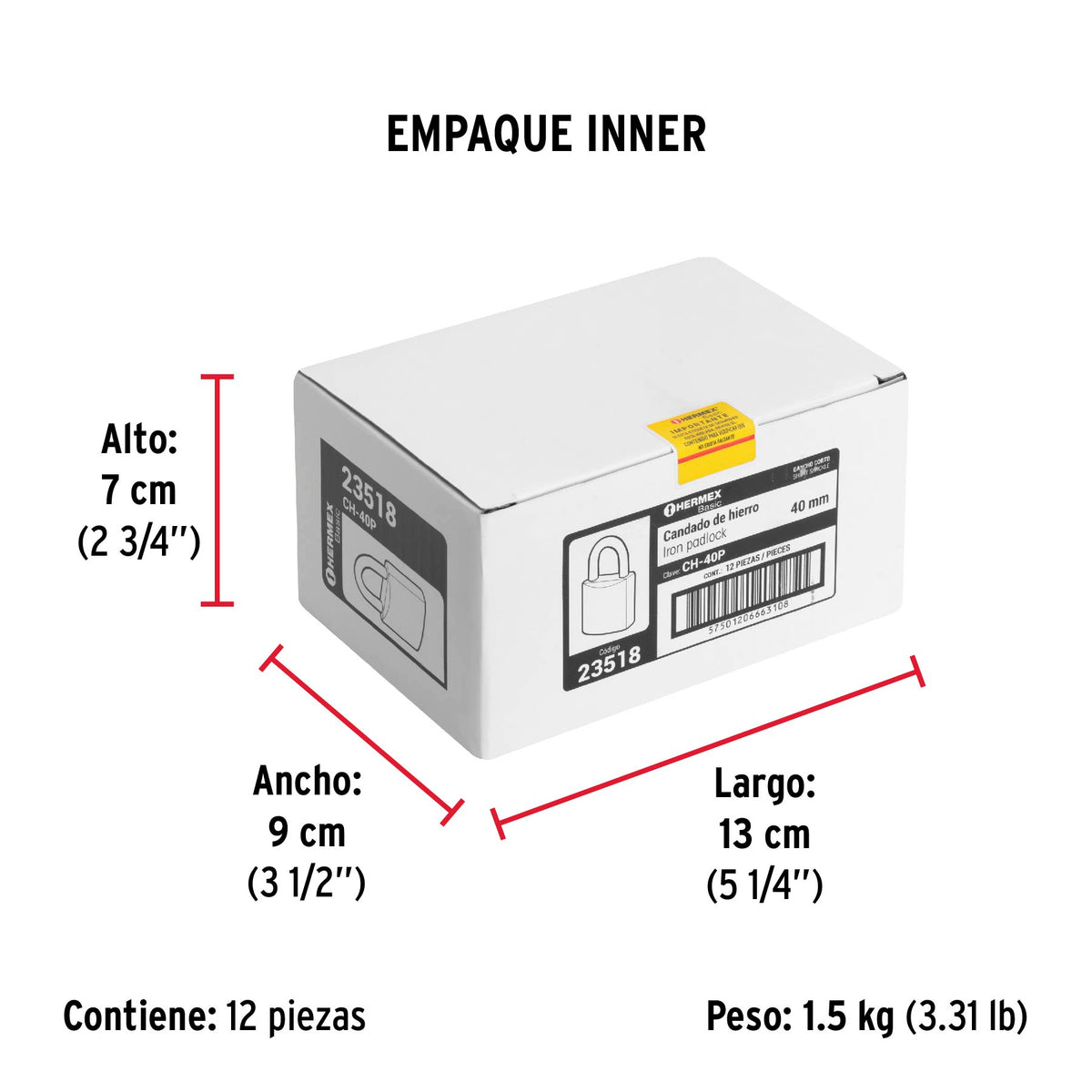 Candado de hierro, 40mm, gancho corto, caja, Hermex Basic