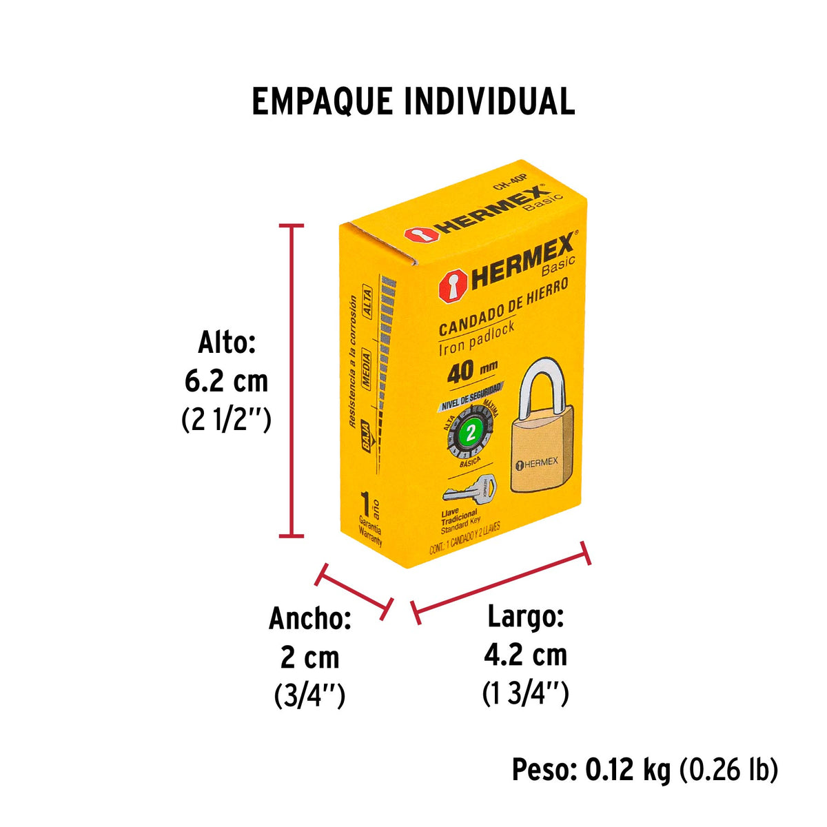 Candado de hierro, 40mm, gancho corto, caja, Hermex Basic