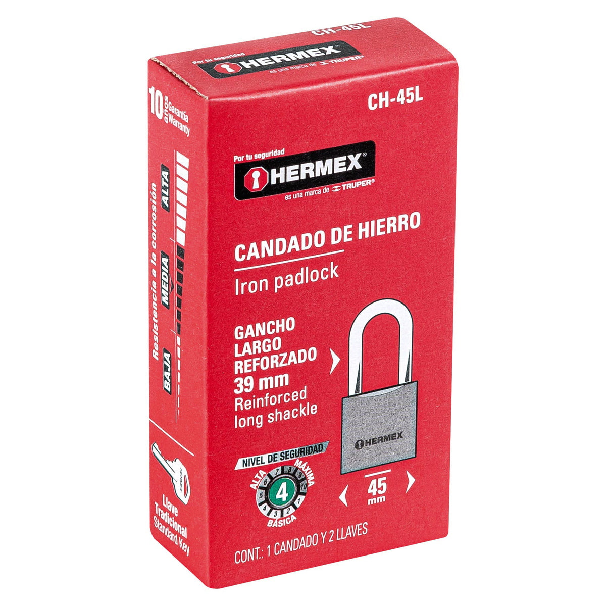 Candado de hierro, 45mm, gancho largo, caja