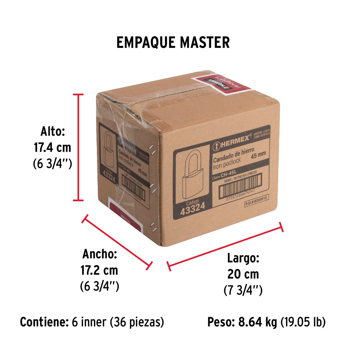 Candado de hierro, 45mm, gancho largo, caja