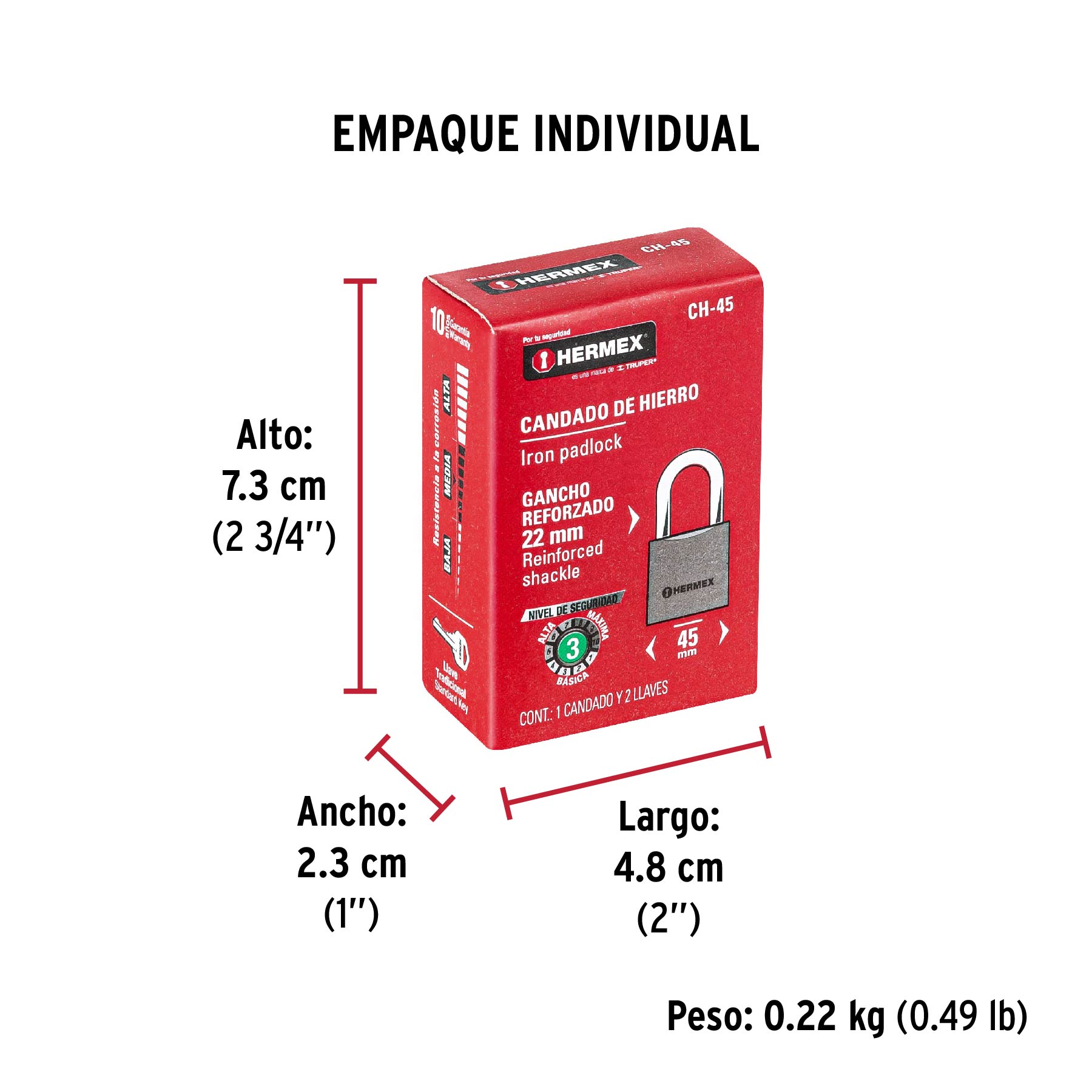 Candado de hierro, 45mm, gancho corto, caja