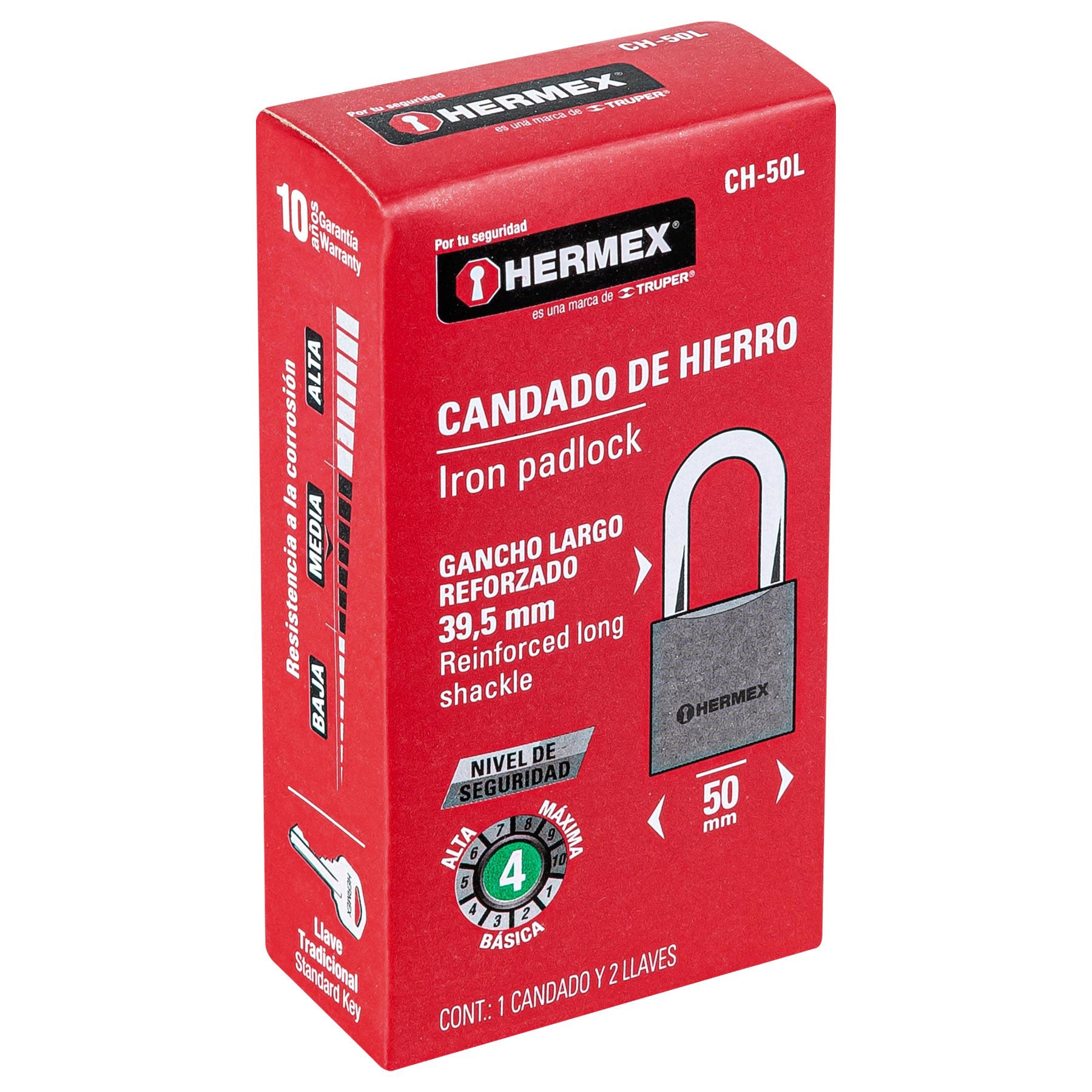 Candado de hierro, 50mm, gancho largo, caja