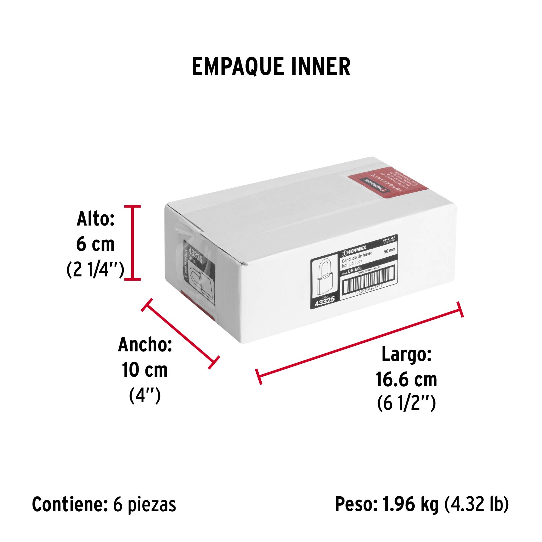 Candado de hierro, 50mm, gancho largo, caja