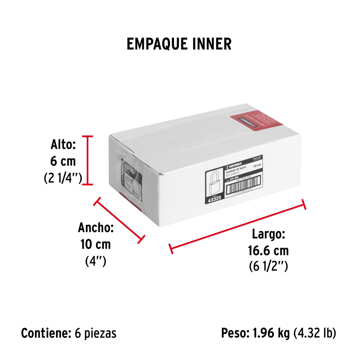 Candado de hierro, 50mm, gancho largo, caja