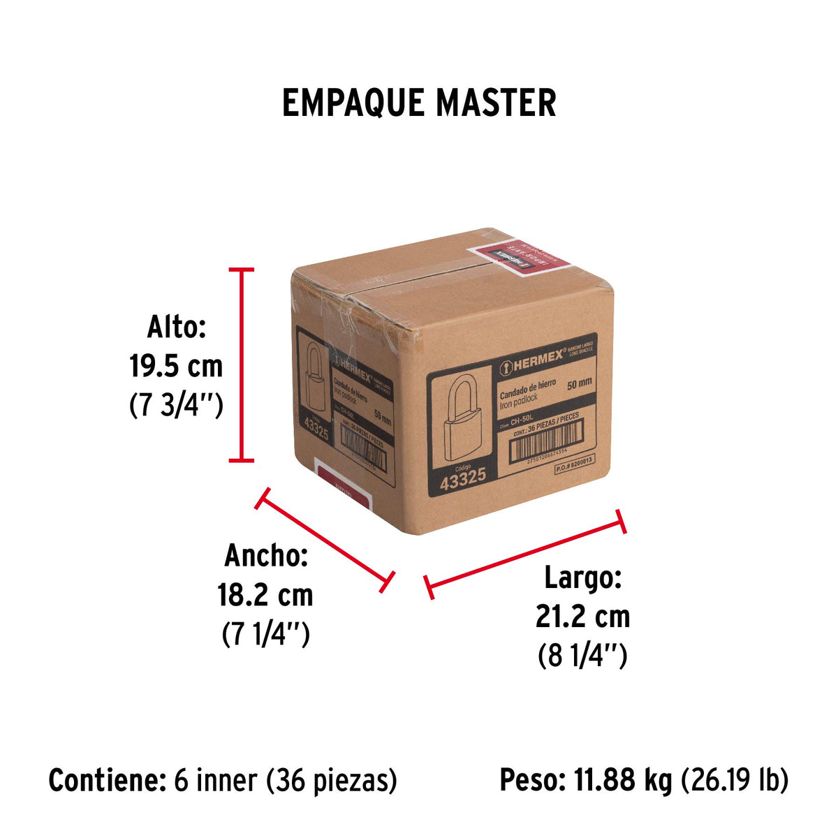 Candado de hierro, 50mm, gancho largo, caja