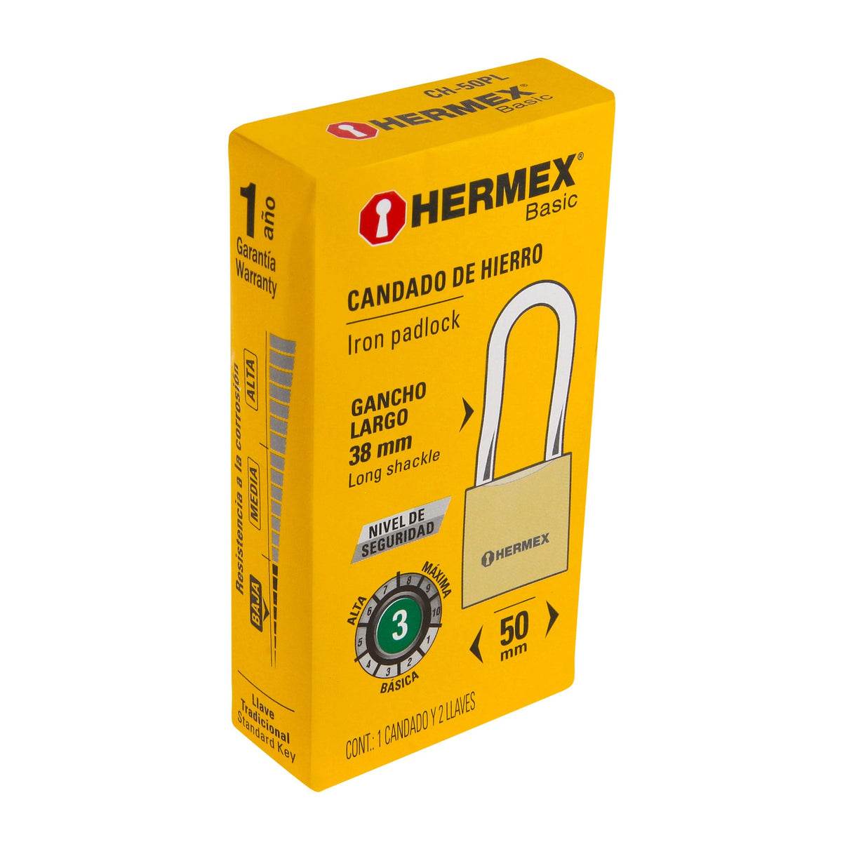 Candado de hierro, 50mm, gancho largo, caja, Hermex Basic