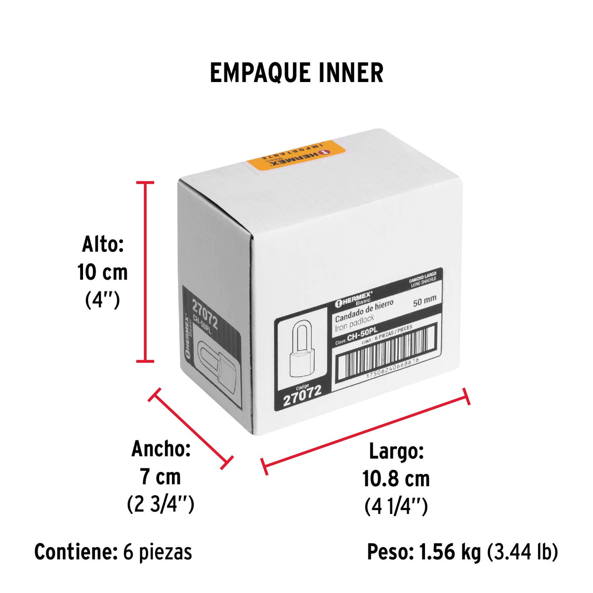 Candado de hierro, 50mm, gancho largo, caja, Hermex Basic