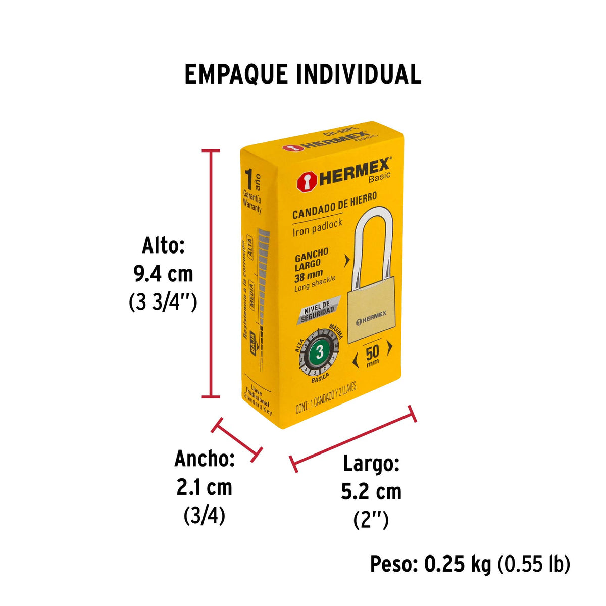 Candado de hierro, 50mm, gancho largo, caja, Hermex Basic