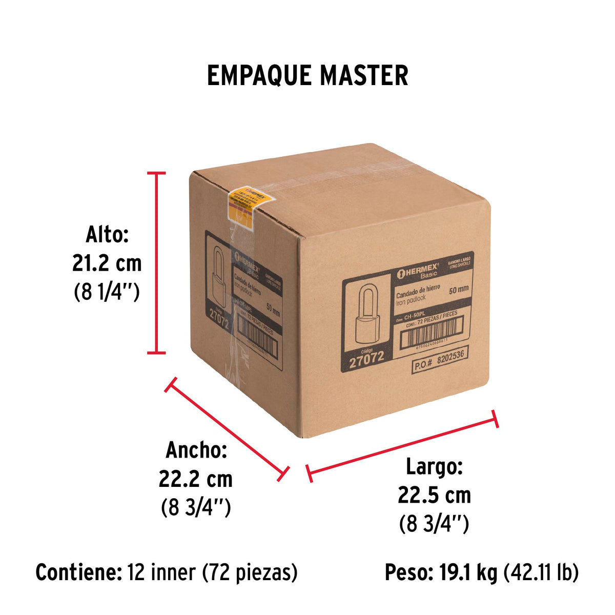 Candado de hierro, 50mm, gancho largo, caja, Hermex Basic