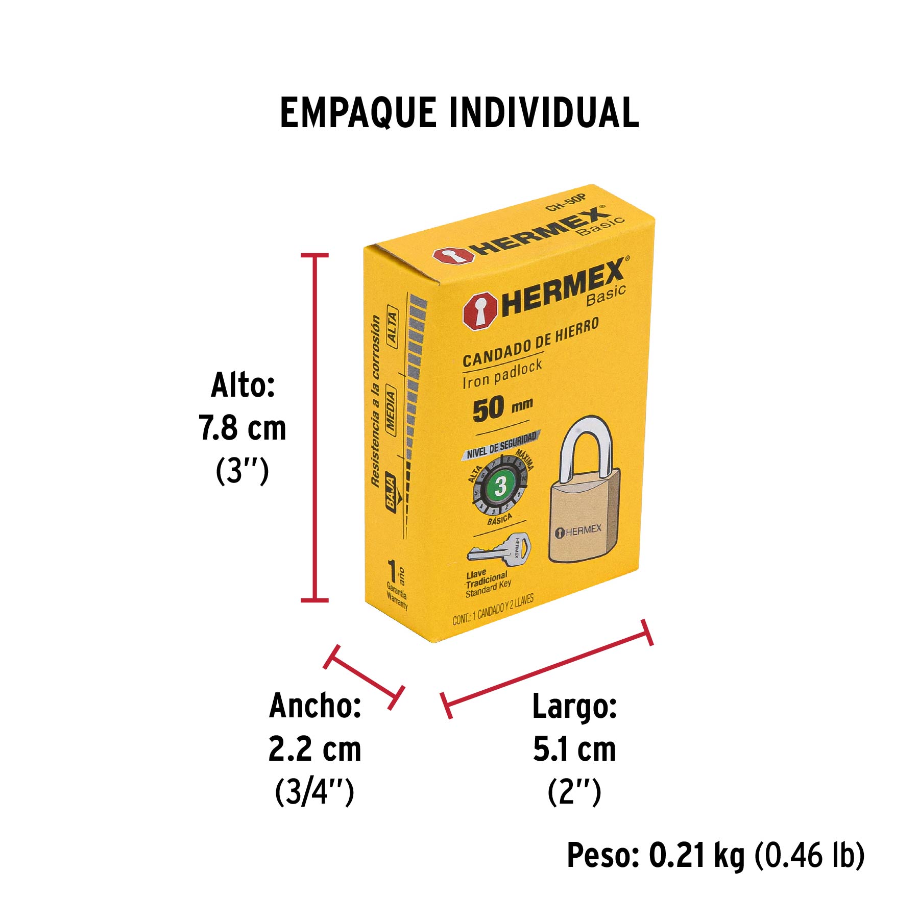 Candado de hierro, 50mm, gancho corto, caja, Hermex Basic
