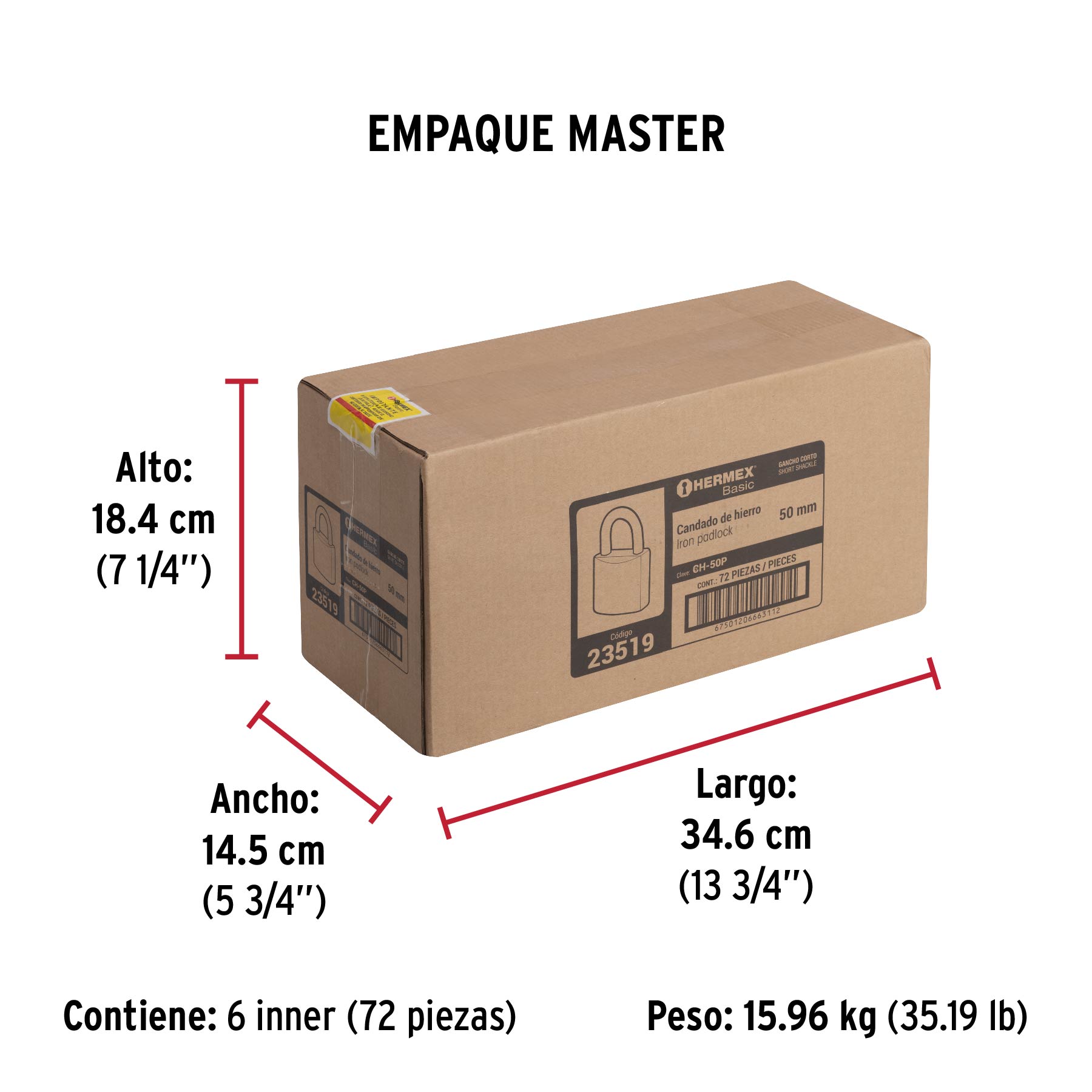 Candado de hierro, 50mm, gancho corto, caja, Hermex Basic