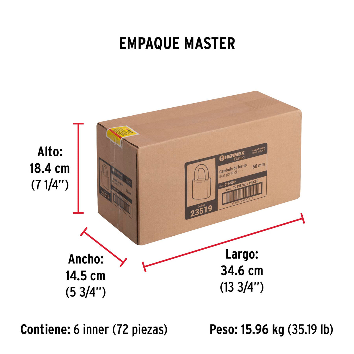 Candado de hierro, 50mm, gancho corto, caja, Hermex Basic