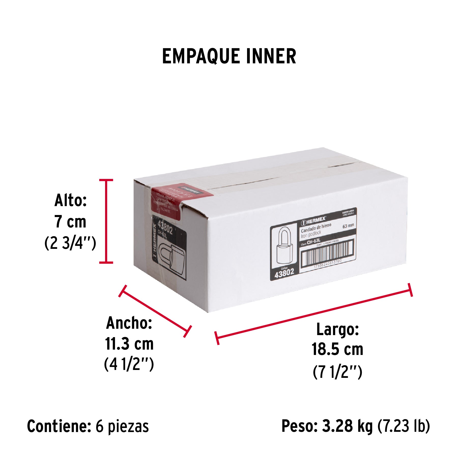 Candado de hierro, 63mm, gancho largo, caja