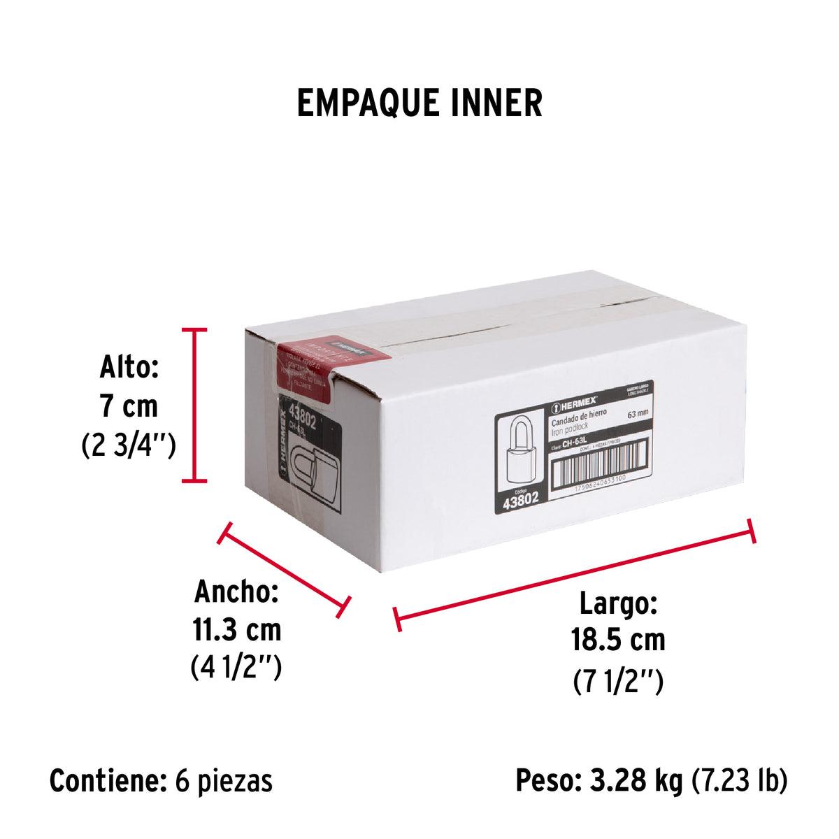 Candado de hierro, 63mm, gancho largo, caja