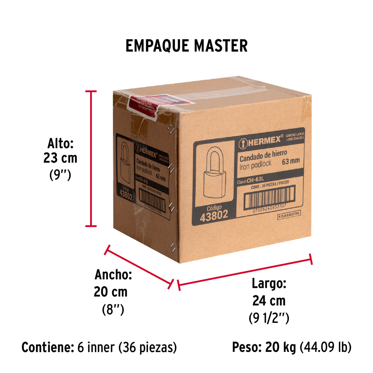 Candado de hierro, 63mm, gancho largo, caja