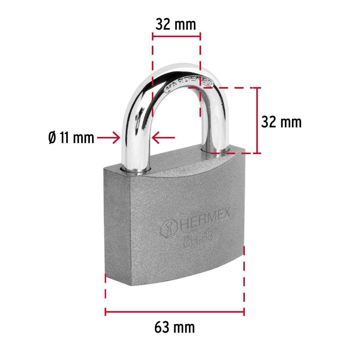 Candado de hierro, 63mm, gancho corto, caja