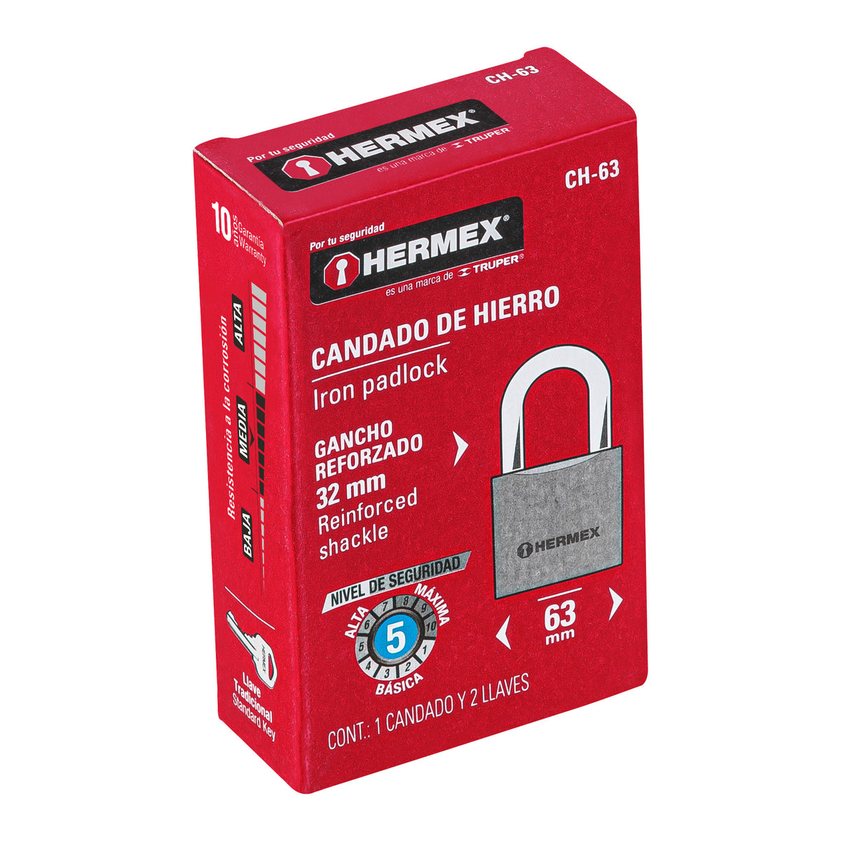 Candado de hierro, 63mm, gancho corto, caja