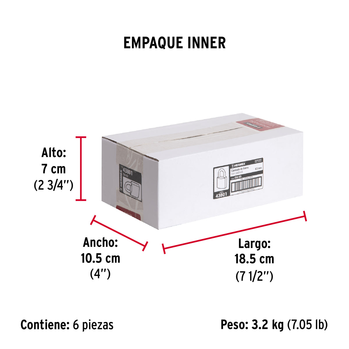 Candado de hierro, 63mm, gancho corto, caja