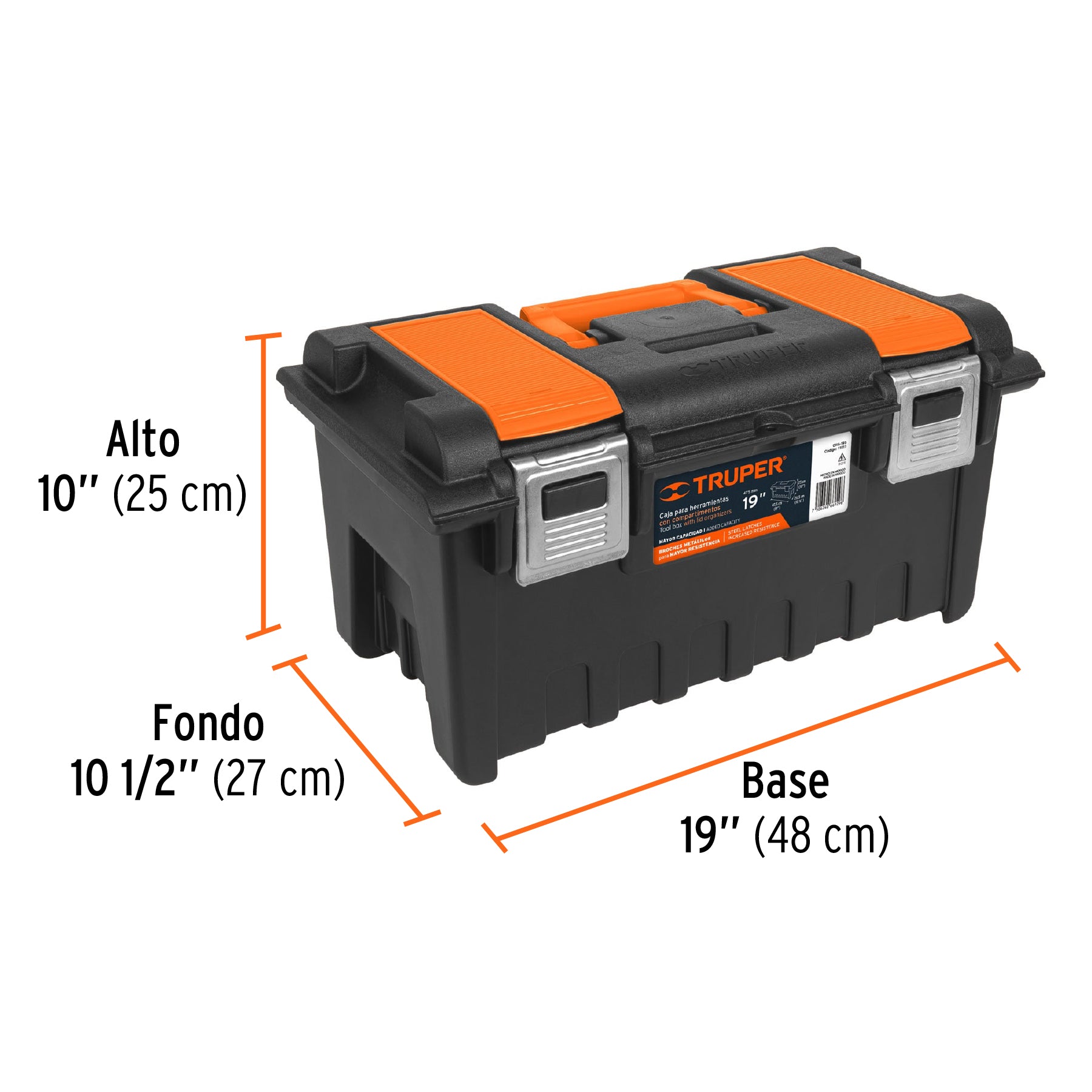 Caja plástica 19" c/compartimentos, naranja, broche metálico