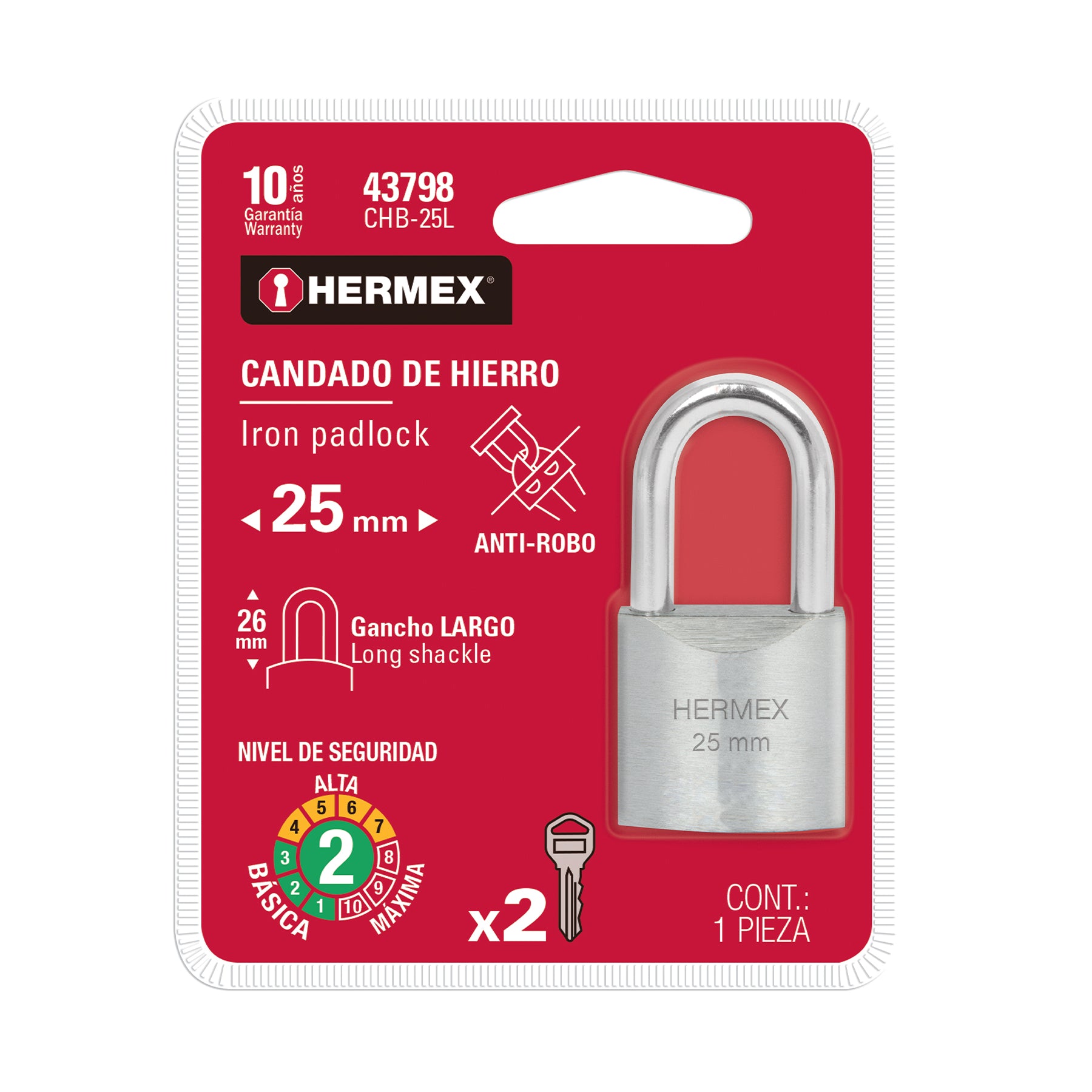 Candado de hierro, 25mm, gancho largo, blister