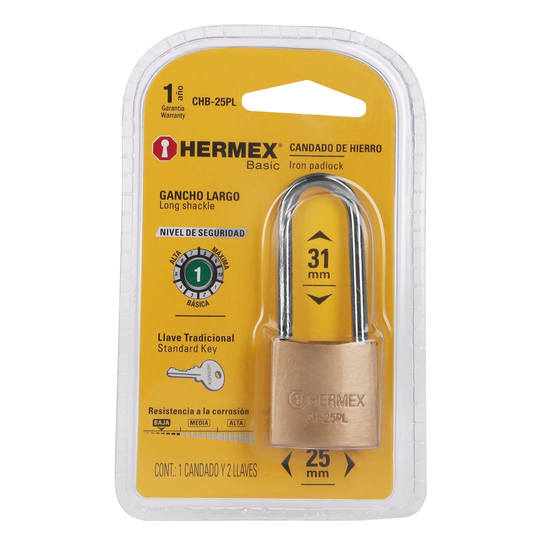 Candado de hierro, 25mm, gancho largo, blister,Hermex Basic